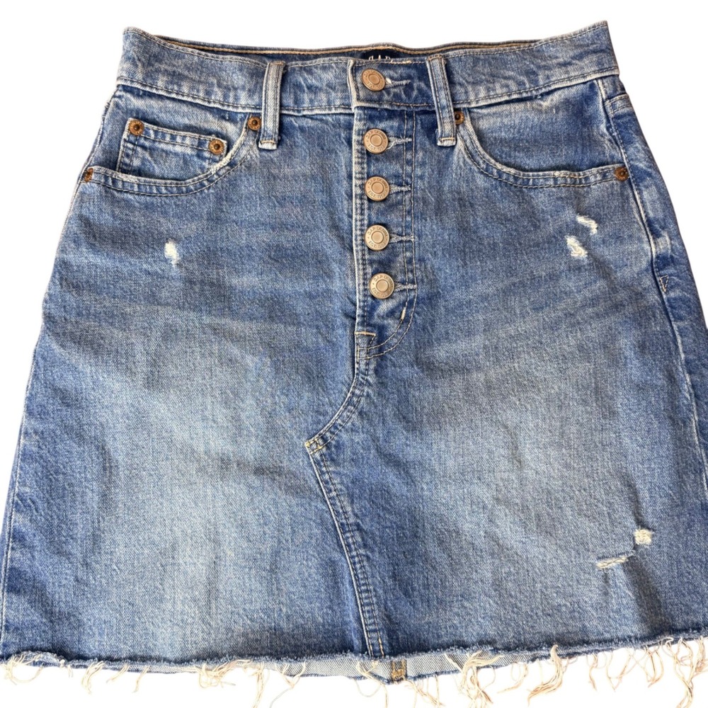 Gap Denim Mini Skirt Womens 00/24 Medium Wash Distressed Button Fly‎ Raw Hem Y2K